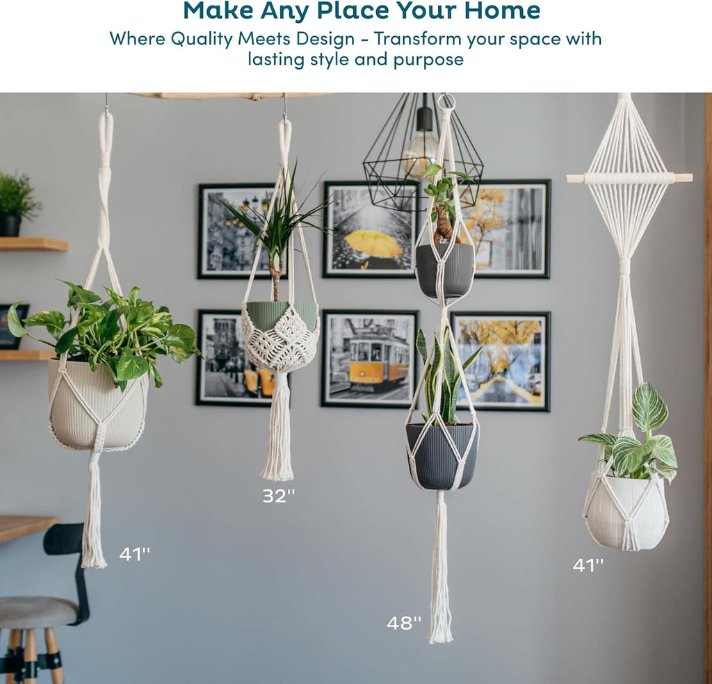 Nook Theory 4-Pack Macrame Plant Hangers with 8 Hooks - Hanging Planters for Indoor Plants, Boho Macrame Hangers Indoor Outdoor, Decorative Plant Hanger Indoor (Cream)