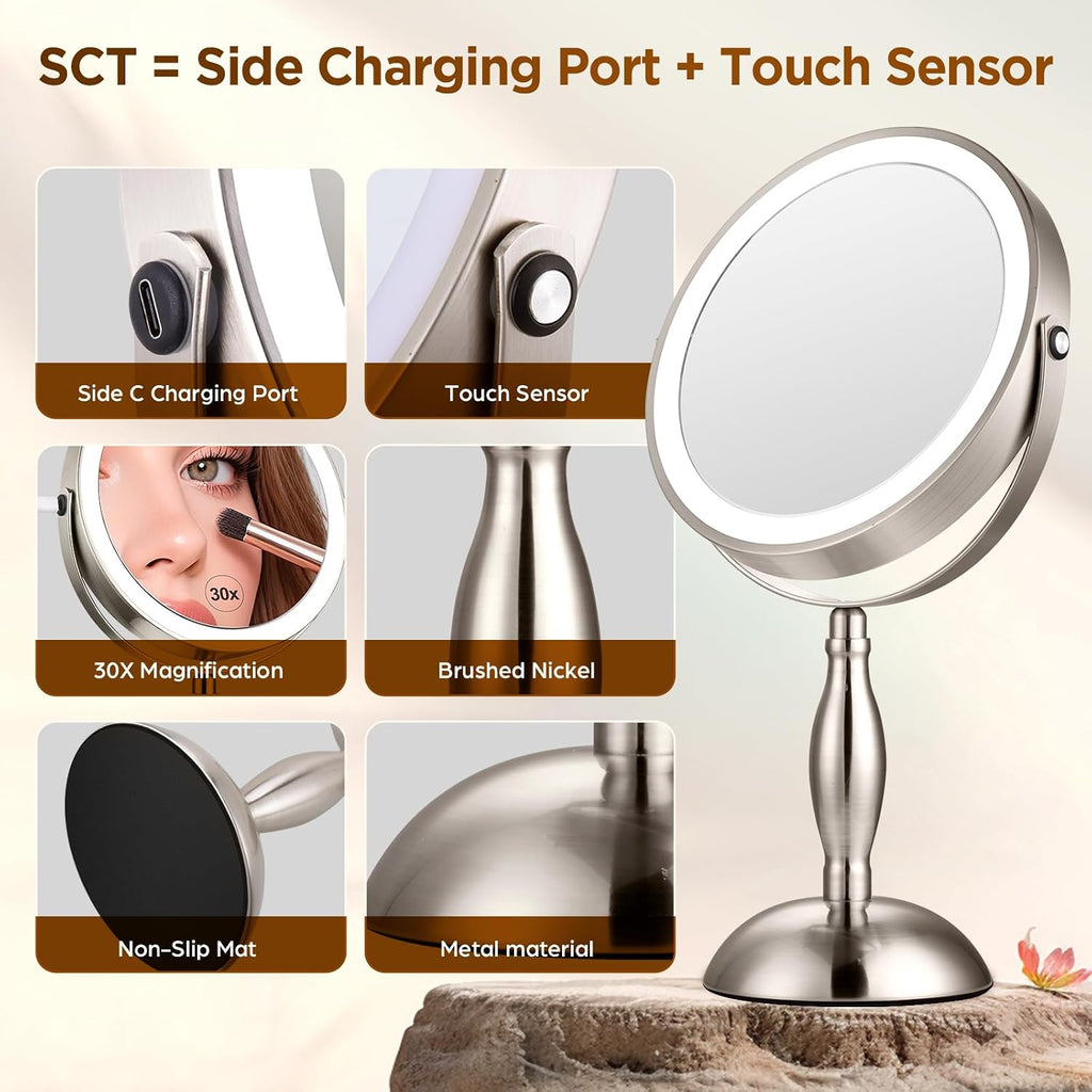 Makeup Mirror with Light - Brushed Nickel, 30x Makeup Mirror with 3 Colors