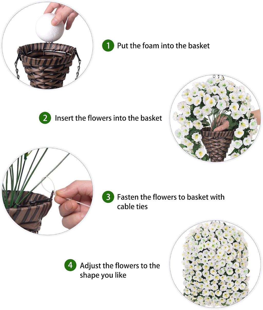 HyeFlora Artificial Faux Hanging White Flowers Plants Basket for Outdoor Outside Decor, 4 PCS Fake UV Resistant Realistic Morning Glory Flowers for Porch Home Balcony Yard Patio Decoration