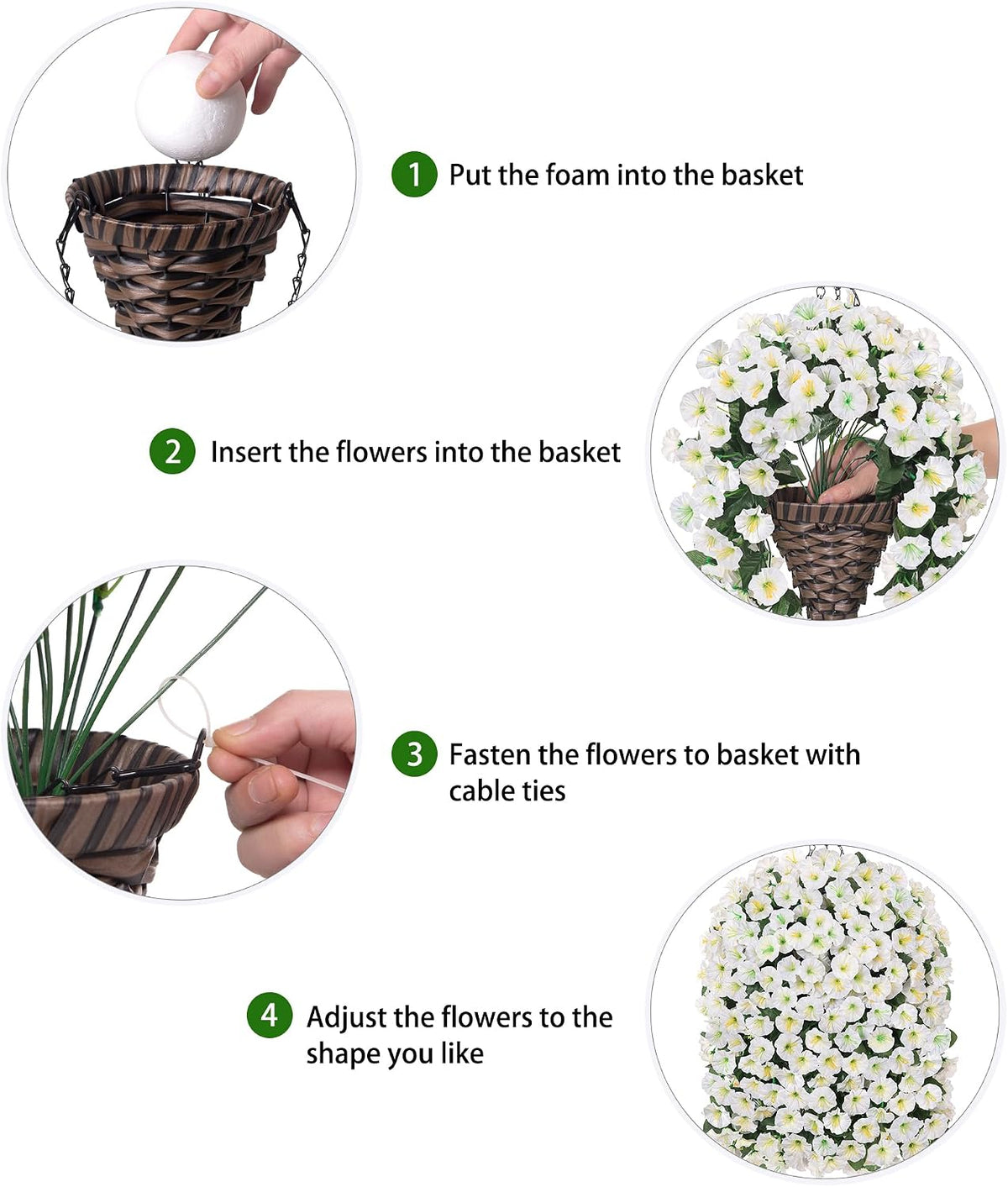 HyeFlora Artificial Faux Hanging White Flowers Plants Basket for Outdoor Outside Decor, 4 PCS Fake UV Resistant Realistic Morning Glory Flowers for Porch Home Balcony Yard Patio Decoration