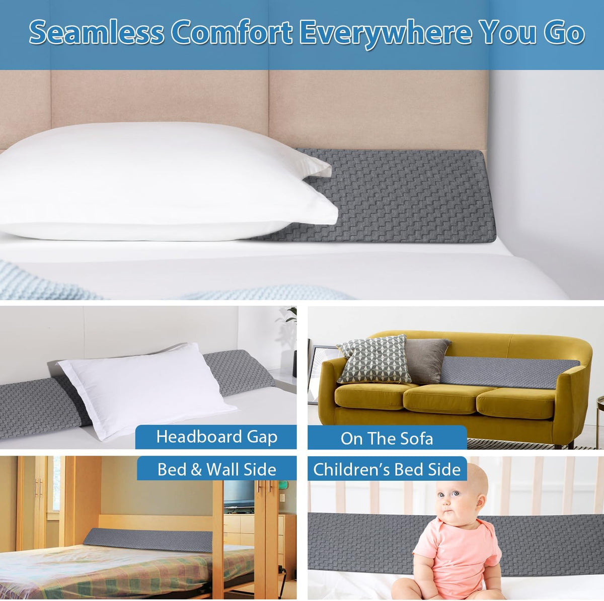 Teemour Queen Bed Wedge Pillow for Headboard Gap/Bed Wedge Gap Filler/Headboard Pillow/Mttress Gap Filler, Close Gap (0-7") Between Headboard and Mattress Stop Pillow Falling Down (60"x10"x6") Gray