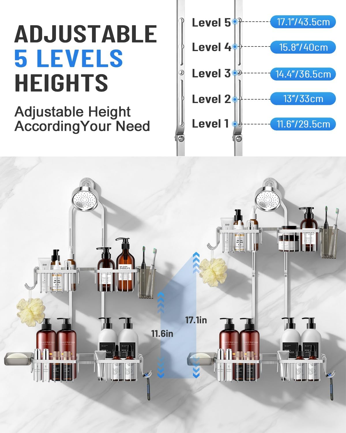 Adjustable Shower Caddy Hanging for Handheld Showerheads - Never Rust Shower Hanging Organizer, Upgraded Bathroom Shower Rack with Soap Basket, Hooks and Toothbrush Holder (Silver)