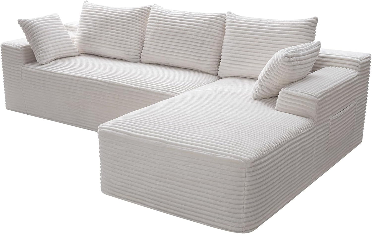 95" L-Shaped Right Facing Cloud Sectional Couch for Living Room, Modular Compressed Boneless Sectional Sofa Corduroy Boneless Corner Foam Sofa W/Chaise Lounge and Pillows