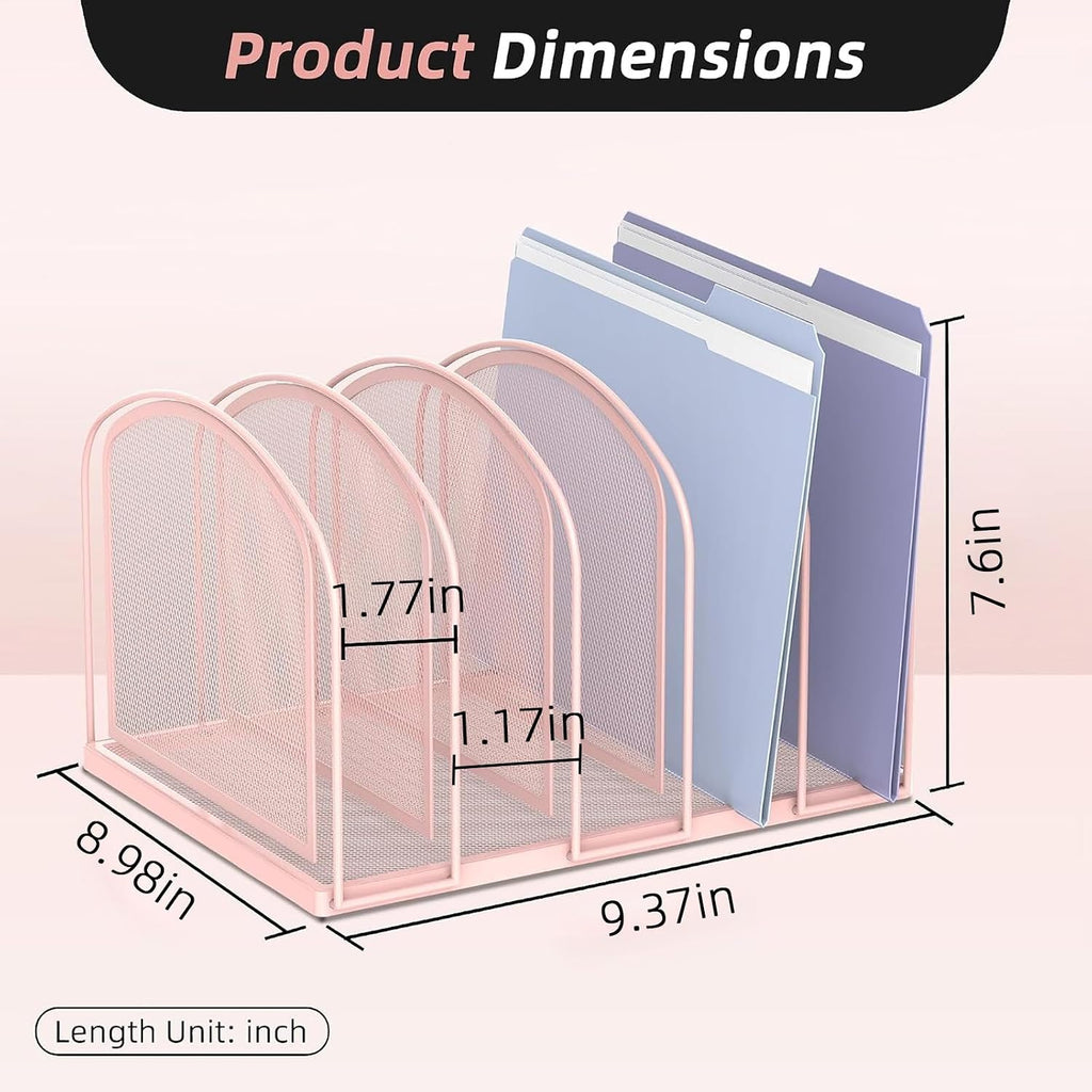 5-Section File Organizer for Desk, Metal File Folder Holder, Pink