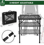 E EASTSTORM Folding Grill Table for Outside, 3 Height Adjustable,Small Camping Table with Black Metal Mesh, Portable Outdoor Table for Picnic BBQ, Garden, Patio, Tailgate & Travel