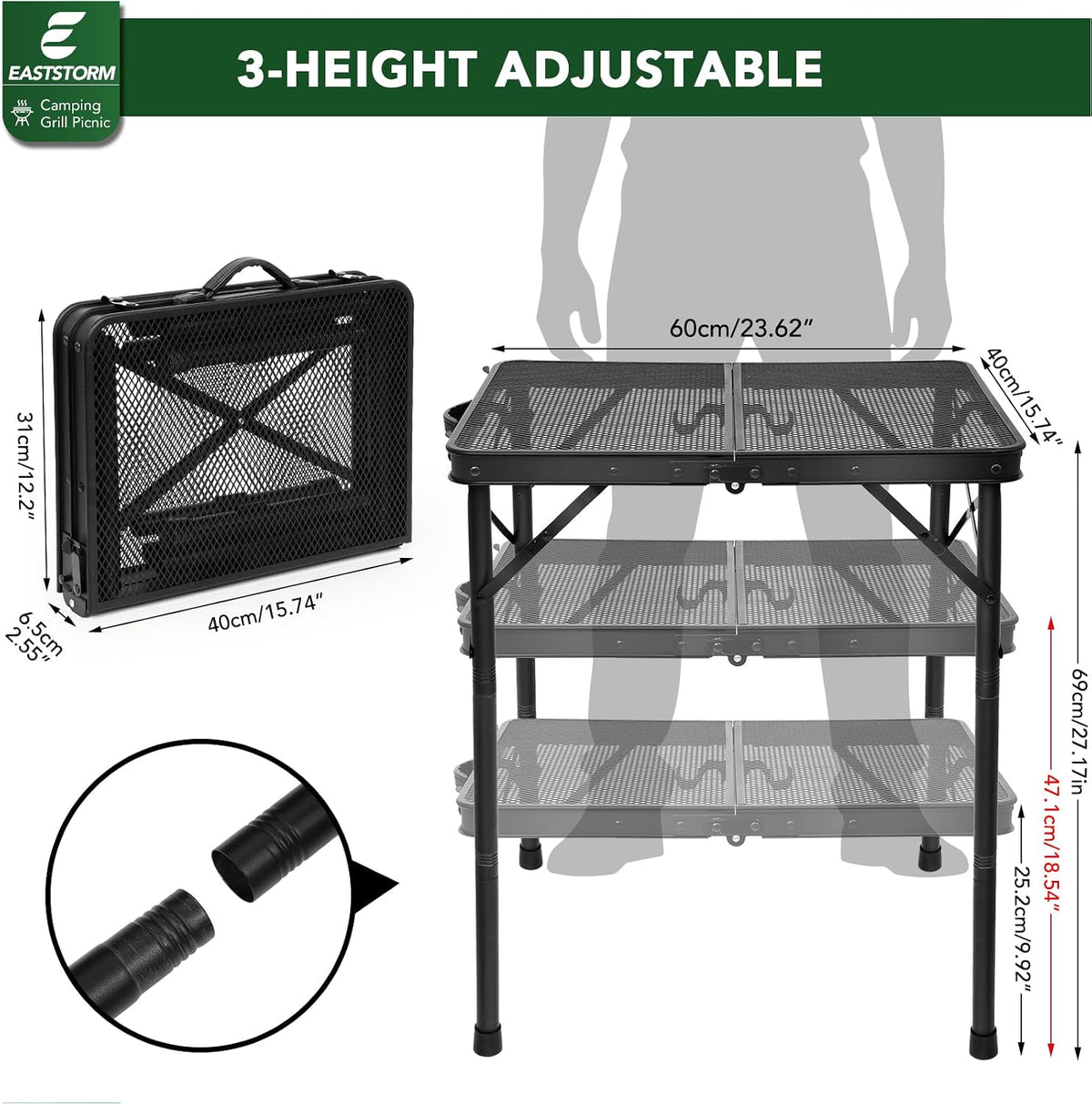 E EASTSTORM Folding Grill Table for Outside, 3 Height Adjustable,Small Camping Table with Black Metal Mesh, Portable Outdoor Table for Picnic BBQ, Garden, Patio, Tailgate & Travel
