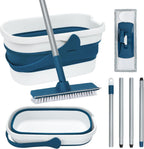 Collapsible Mop and Bucket Set with Scrub Mop and Brush, Tile Laminate Hardwood Floor Brush and Flat Mops for Floor Cleaning, Foldable Bucket with Washable Microfiber Mop(Blue)