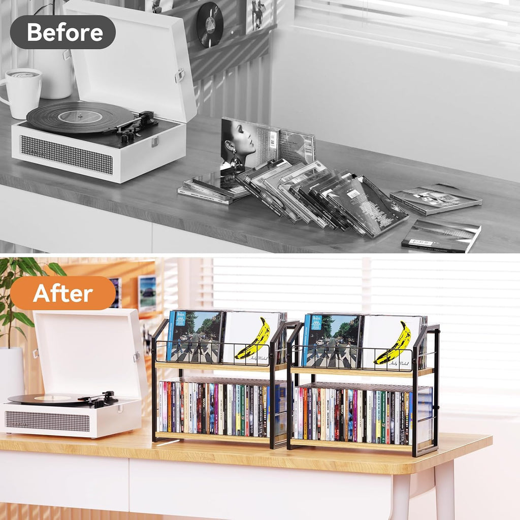 CD Storage, 2 Tier CD holder & Display, 60 Capacity-Natural Wood 2 Pack