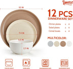 Sweese Dinnerware Sets Service for 4, 12 pcs Matte Speckled Glaze Plates and Bowls Sets, Handmade Ceramic Dish Set, Highly Chip and Crack Resistant Modern Plate Set, Multi-color