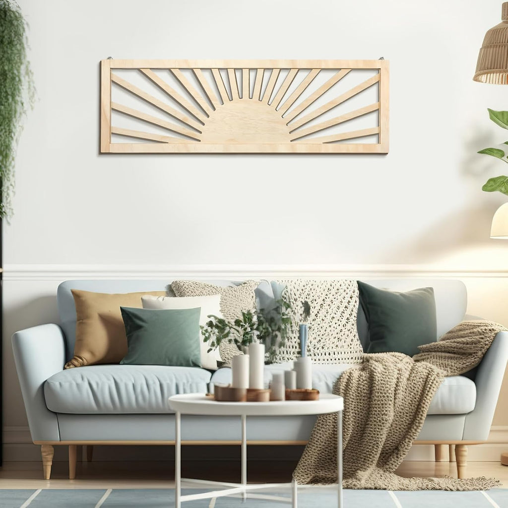 Burbell Horizontal Sun Wall Art, Boho Wooden Room Decor, 35"x12" Dark Brown