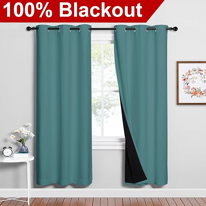 NICETOWN 100% Blackout Window Curtain Panels, Sea Teal, 2 Pieces, 42-inch Wide - Image 2