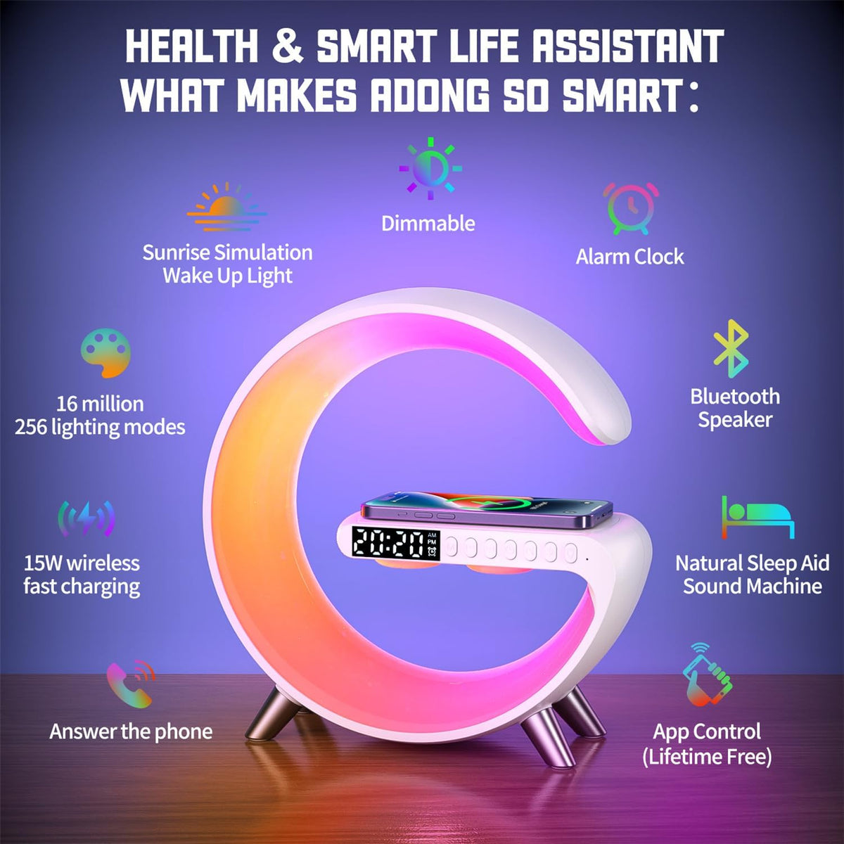 Smart LED Table Lamp, 4-in-1 Wireless Charger, Night Light, Alarm Clock, Bluetooth Speaker with App Control, Bedside Lamp with Charging Station for Bedroom, Office, Home Decor, Teen Girls Boys Gifts