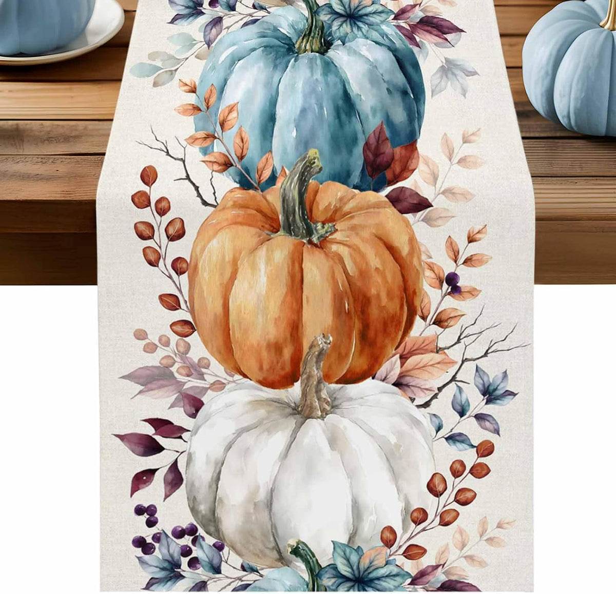 Fall Thanksgiving Table Runner, Watercolor Autumn Pumpkins Eucalyptus Leaves Cotton Linen Tablecloth Farmhouse Table Decor for Home,Kitchen,Dining Room,Indoor,Outdoor,13X90 Inches Long, Blue Orange