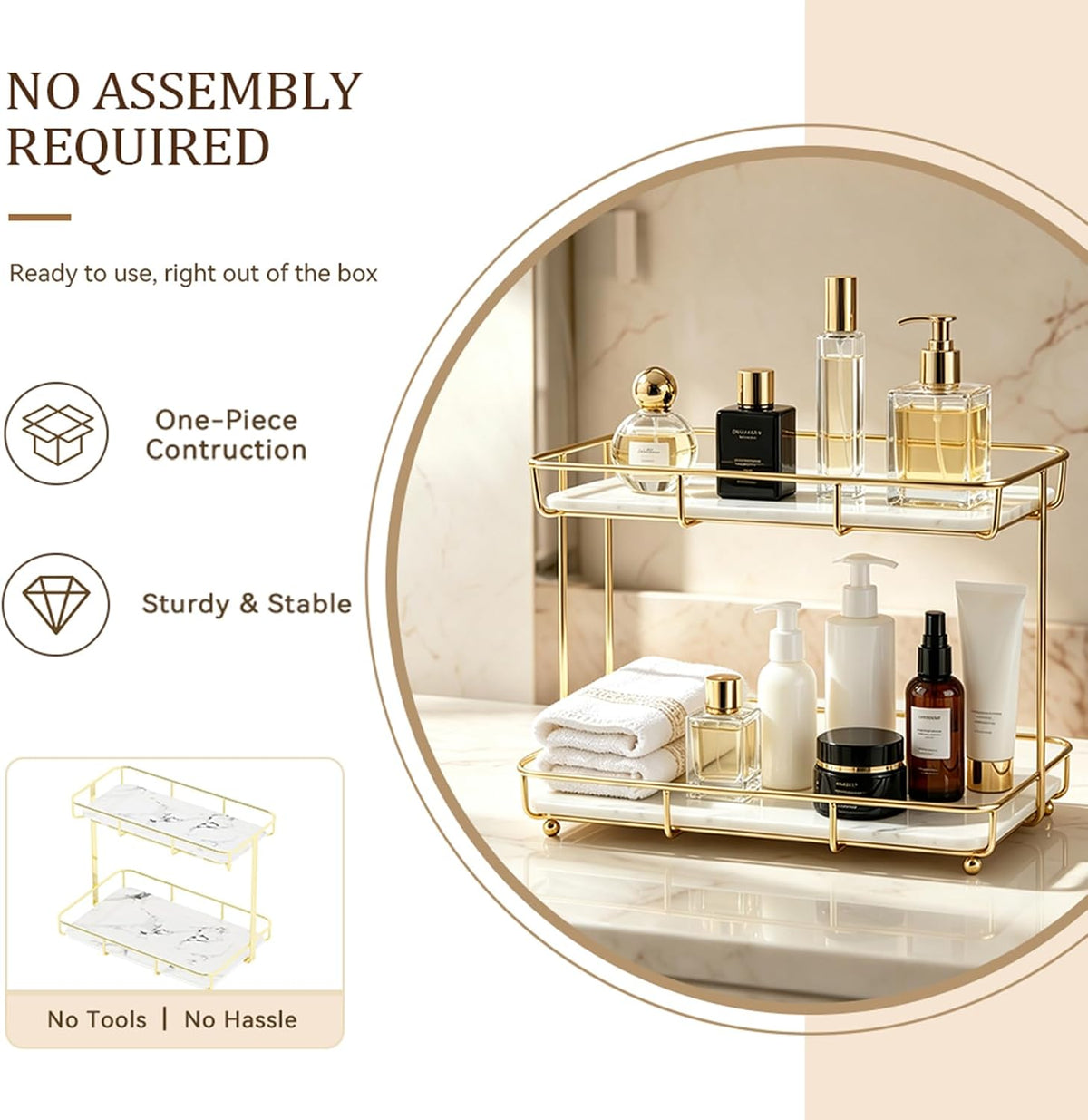 Bathroom Organizer Countertop Perfume Organizer Makeup Organizer Cosmetics Storage Display Rack Vanity Tray Dresser Stainless Steel Gold Shelf White Marble Ceramic Tray