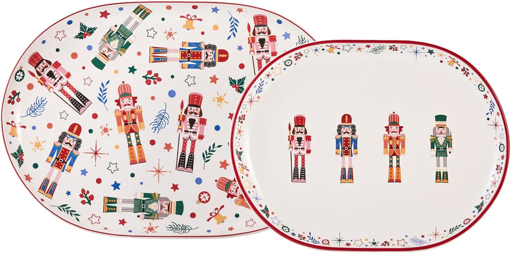 Bico Santa On The Way 16 plus 14 inch Scalloped Oval Platters Set, Set of 2, Microwave and Dishwasher Safe, for Serving Fish, Chicken, Turkey