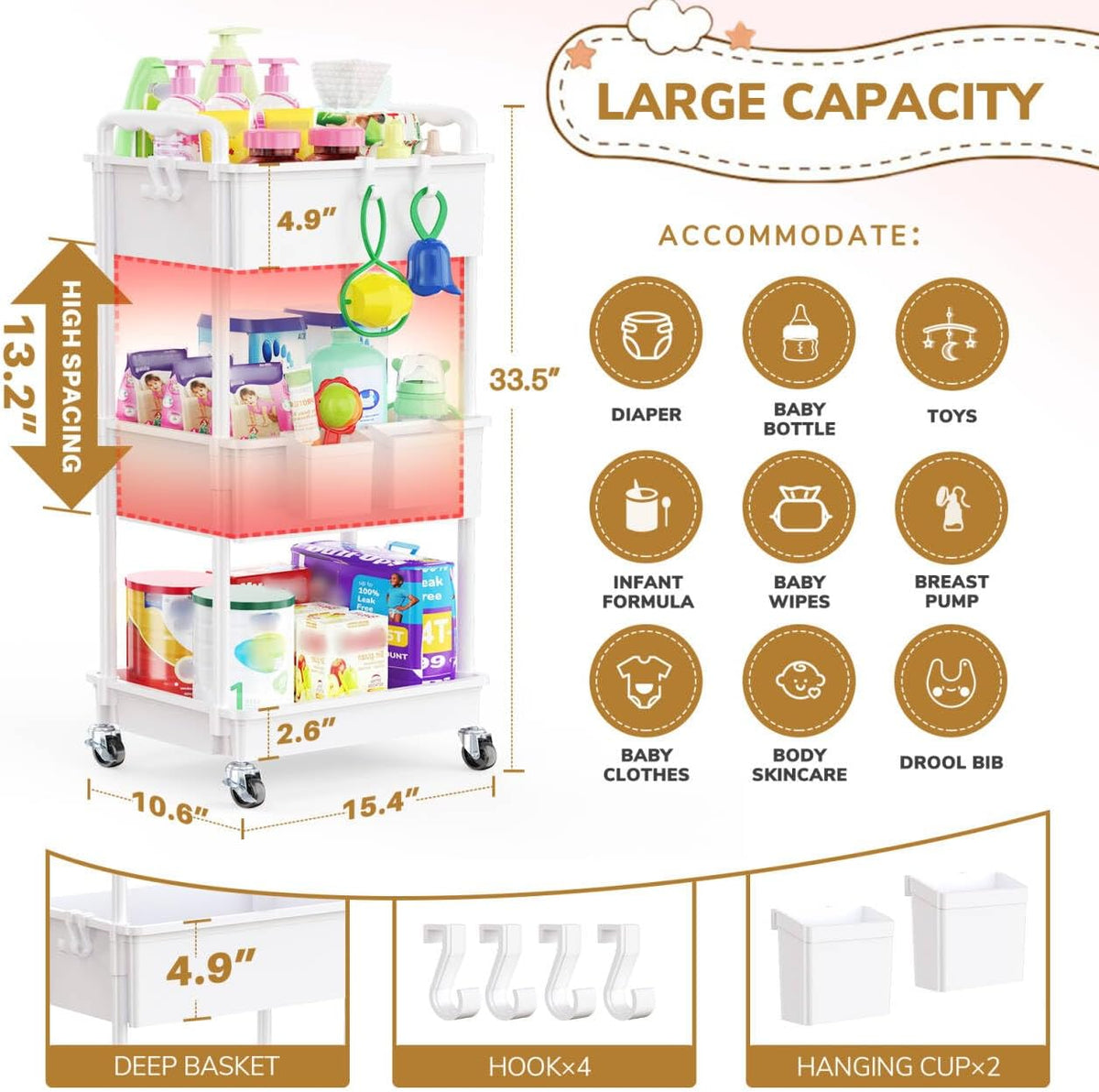 Diaper Cart with Lockable Wheels and Easy Assembly, 3 Tier White