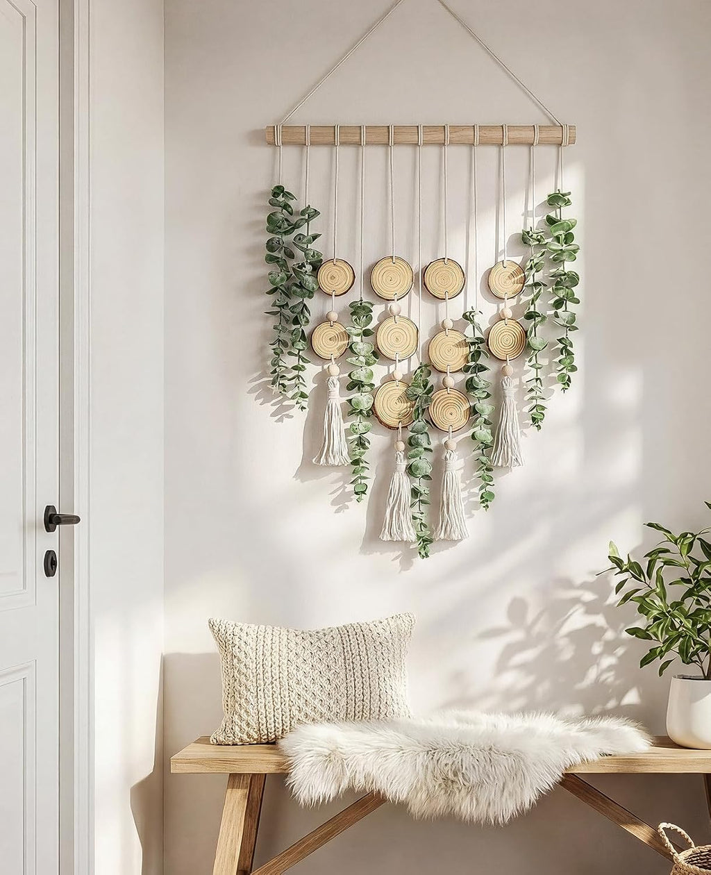 Fake Hanging Eucalyptus Wall Decor with Fake Greenery Leaves, Stems, and Wicker Ball, Artificial Eucalyptus Wall Hanging for Bathroom, Living Room, Bedroom Decor (24" L x 16" W)