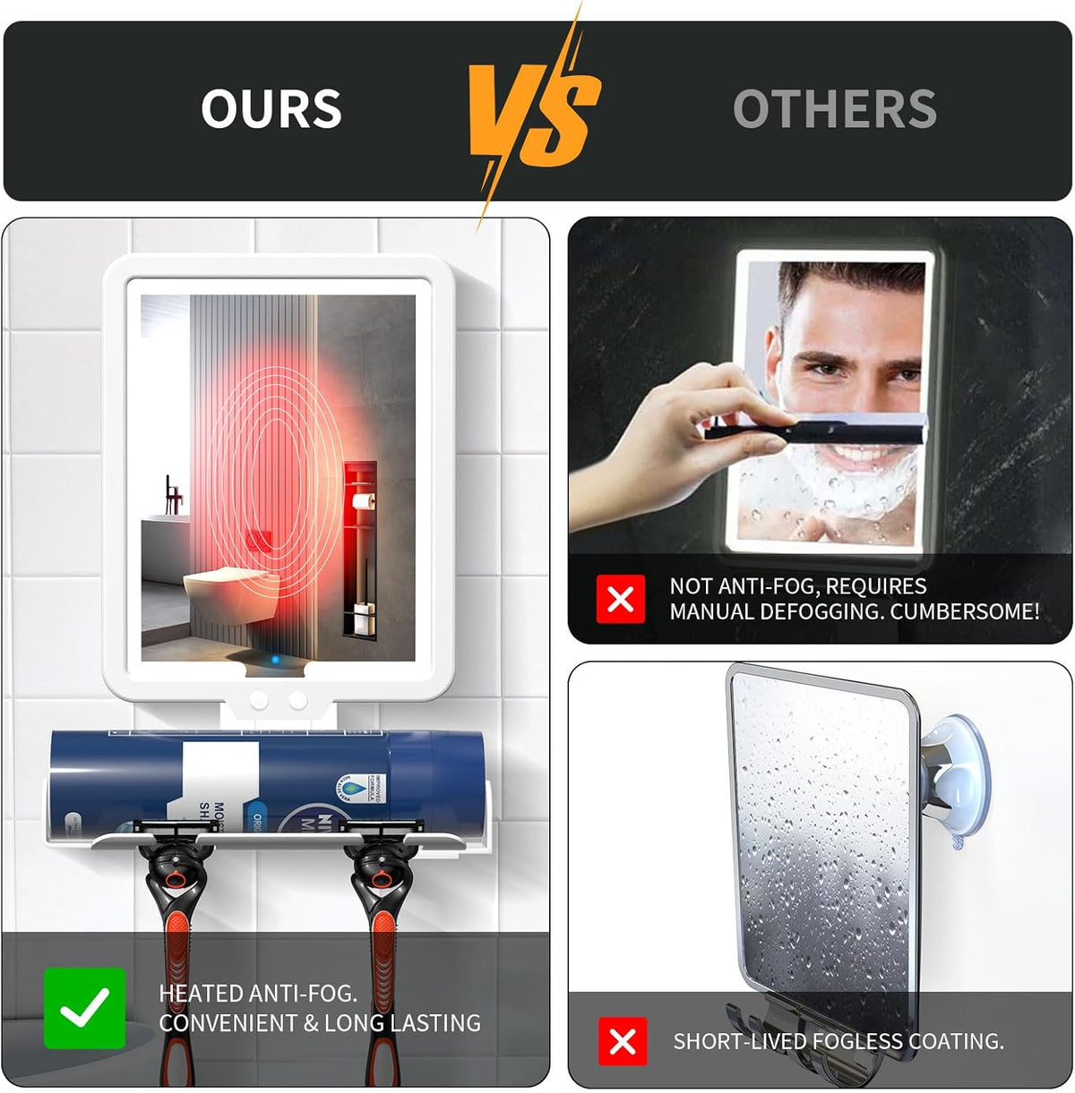 Lighted Shower Mirror Fogless for Shaving, Heated Fog Free Large 9.5*7inch