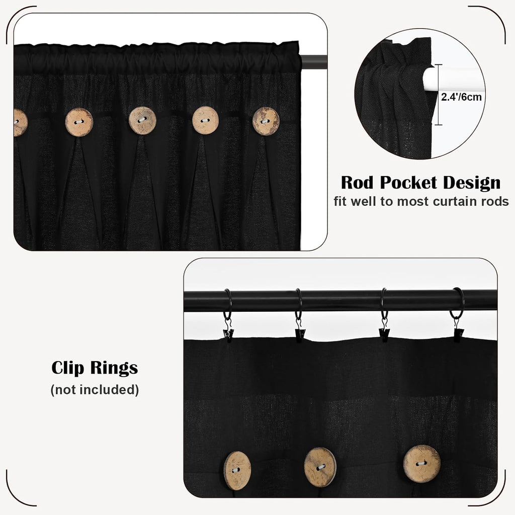 FRAMICS Farmhouse Valance Curtains, Boho Cotton Linen Kitchen Valance, Black Rustic Button Window Valances for Kitchen Bathroom, Rod Pocket Valances for Windows, Black, 52 x 18 Inch
