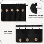 FRAMICS Farmhouse Valance Curtains, Boho Cotton Linen Kitchen Valance, Black Rustic Button Window Valances for Kitchen Bathroom, Rod Pocket Valances for Windows, Black, 52 x 18 Inch