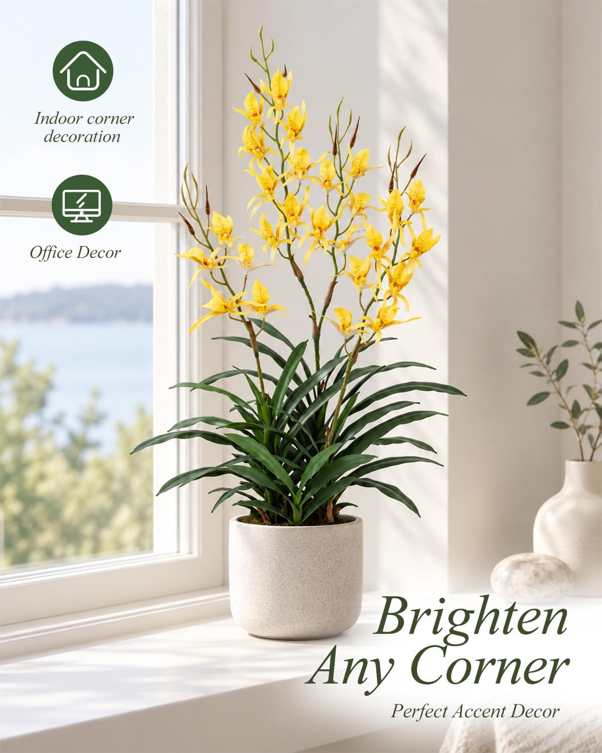 Potted Fake Orchid, Bright Yellow 29.5" Artificial Dendrobium, Fake Flowers with Matching Orchid Pot for Balcony, Kitchen & Spring Table Arrangement, Set of 1