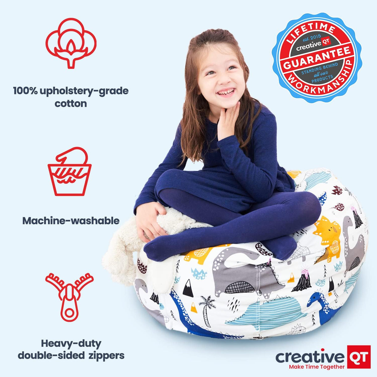 Creative QT Stuff ’n Sit Large 33’’ Bean Bag Storage Cover for Stuffed Animals & Toys, Giant Beanbag Chair for Kids Ages 3-14, Bedroom Organizer, Gray/White Stripe