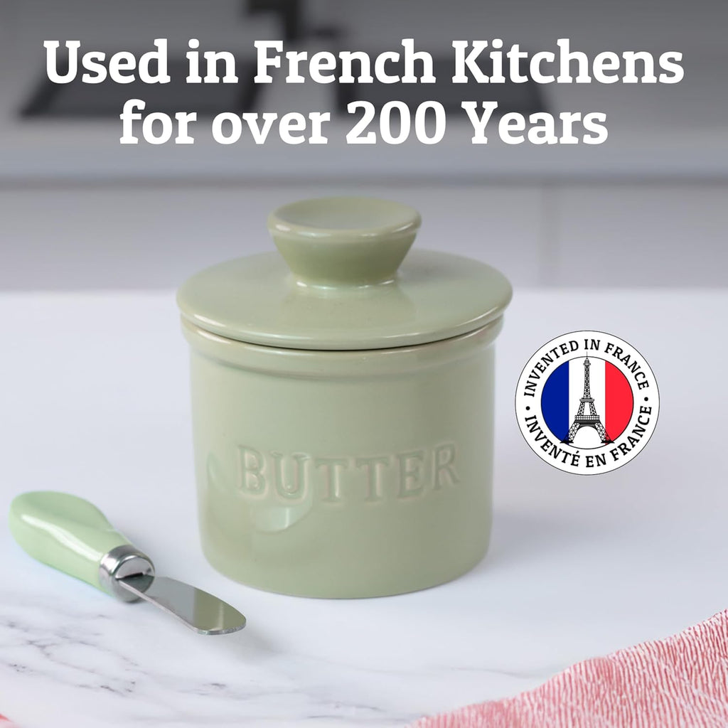 Priority Chef Butter Crock with Lid for Countertop with Spreader Knife and Water Line, Soft Spreadable Butter, Ceramic French Butter Dish with Lid, Sage
