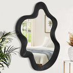 Large Irregular Wavy Mirror Modern Cloud Wall Mirror Asymmetrical Wooden Framed Wall Mirror Wall Mounted Unique Shape Vanity Artistic Mirror Decor for Bedroom Living Room Bathroom Entryway