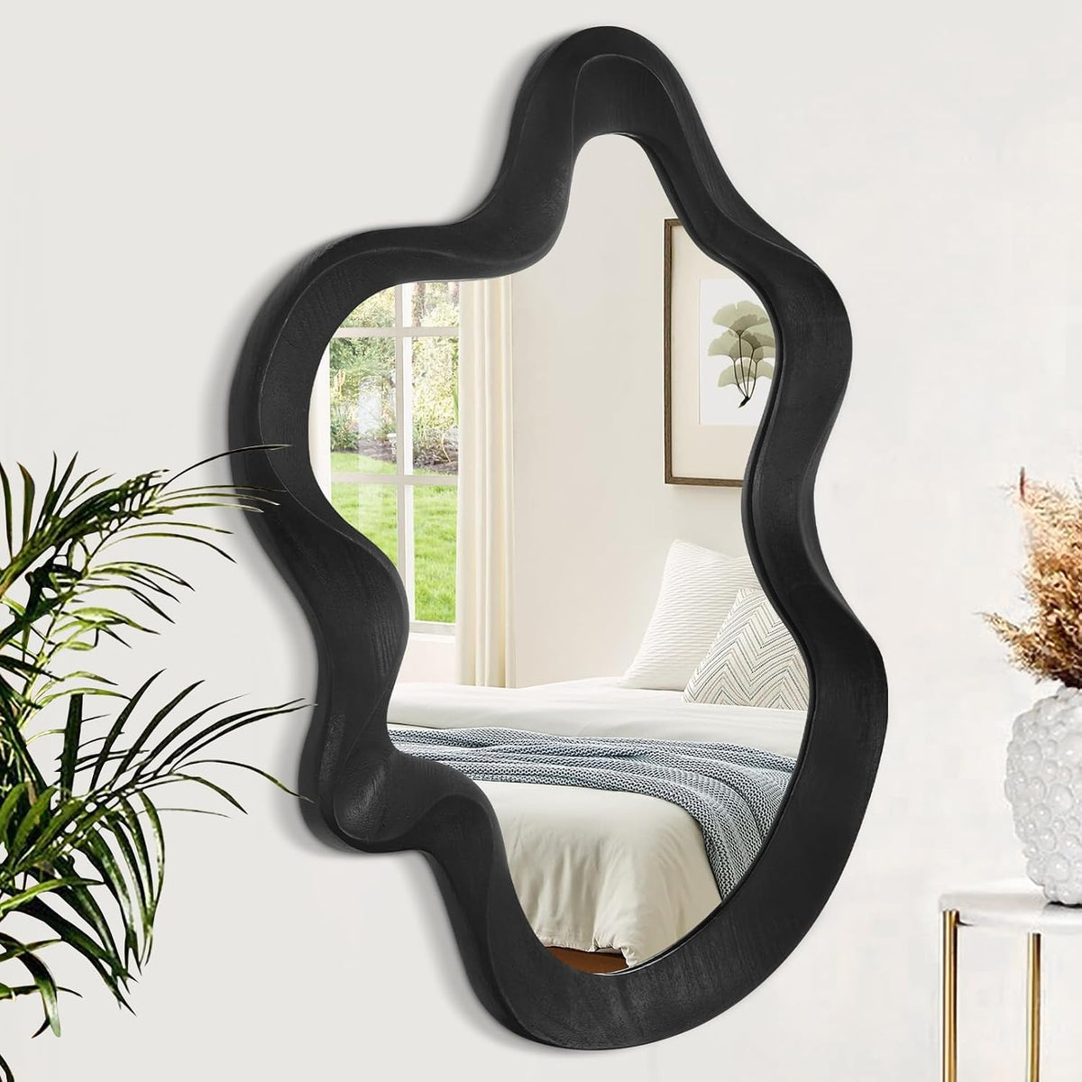 Large Irregular Wavy Mirror Modern Cloud Wall Mirror Asymmetrical Wooden Framed Wall Mirror Wall Mounted Unique Shape Vanity Artistic Mirror Decor for Bedroom Living Room Bathroom Entryway