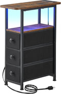 DALEMHOME Narrow End Table with Charging Station, Narrow Side Table with Drawer, Small Nightstand with LED Light, Skinny Nightstand, Small Bedside Table for Living Room, Bedroom, Couch, Rustic Brown