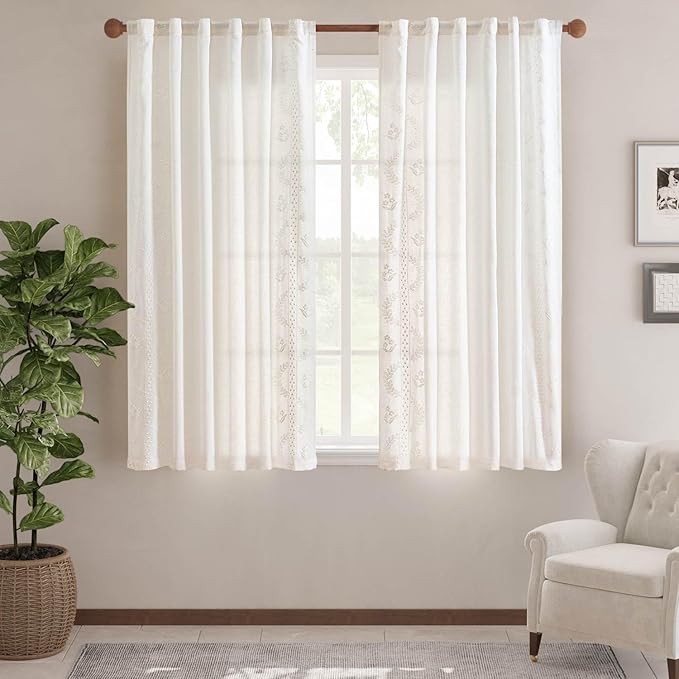jinchan Belrose Linen Curtains for Bedroom Floral Curtains 63 Inch Length Linen - Image 2