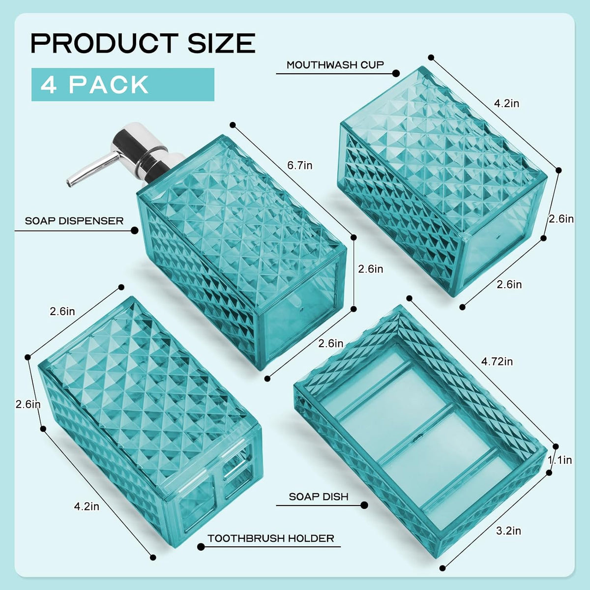 Bathroom Accessory Set, Grid Pattern 4 Pcs Plastic Bathroom Set, Teal Blue