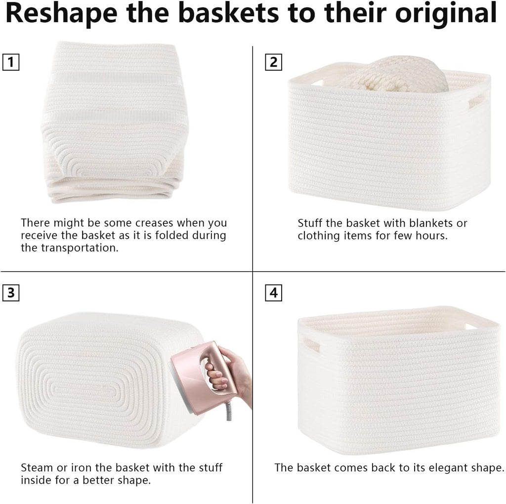 4 Pack Storage Baskets for Organizing Toys, Towels, and Clothes, Woven Basket for Shelves, Sturdy Nursery Cube Bins for Storage, 13''L x9''W x7.8''H, White