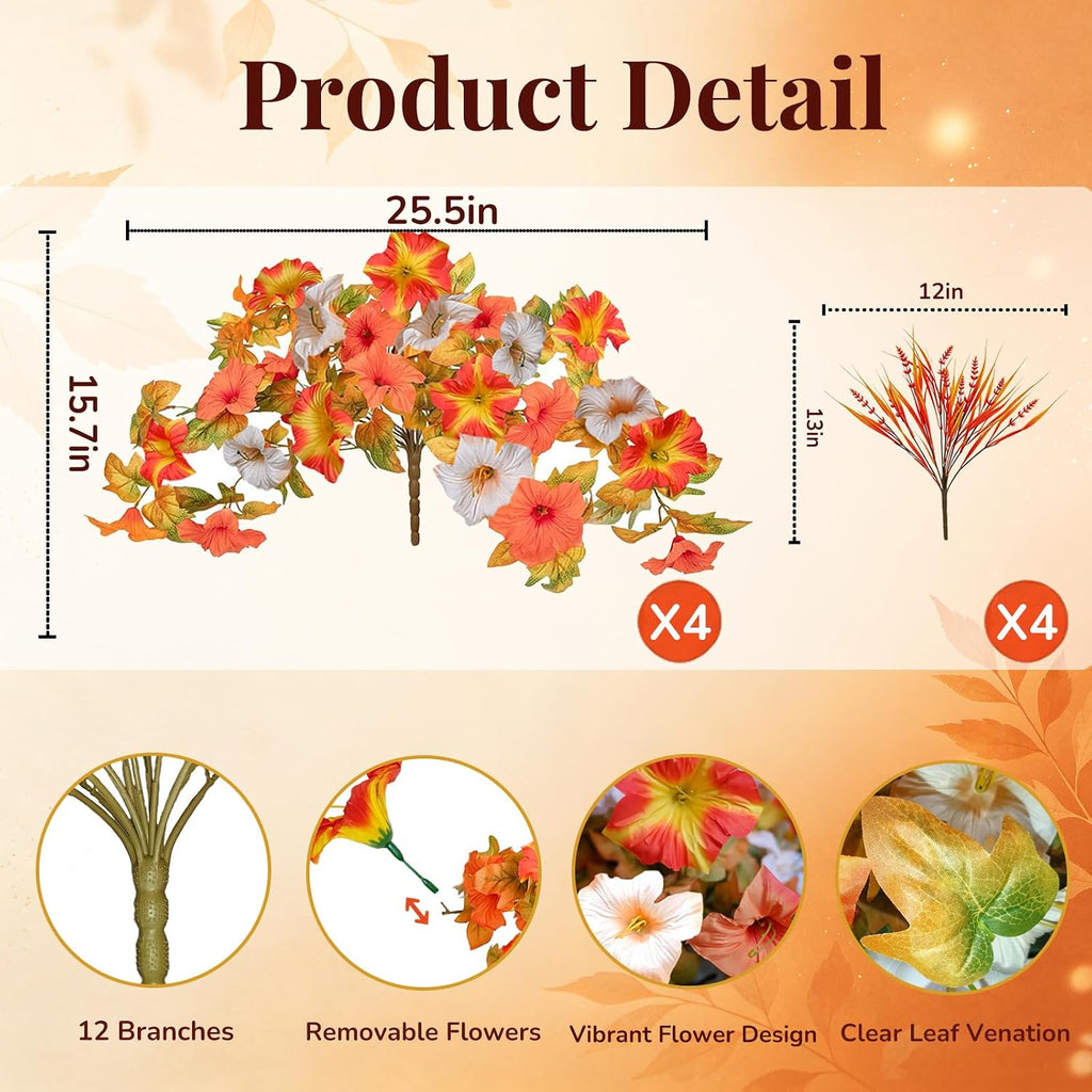 4 Pcs Large Artificial Fall Petunias Flowers with 4 Pcs Monkey Grass