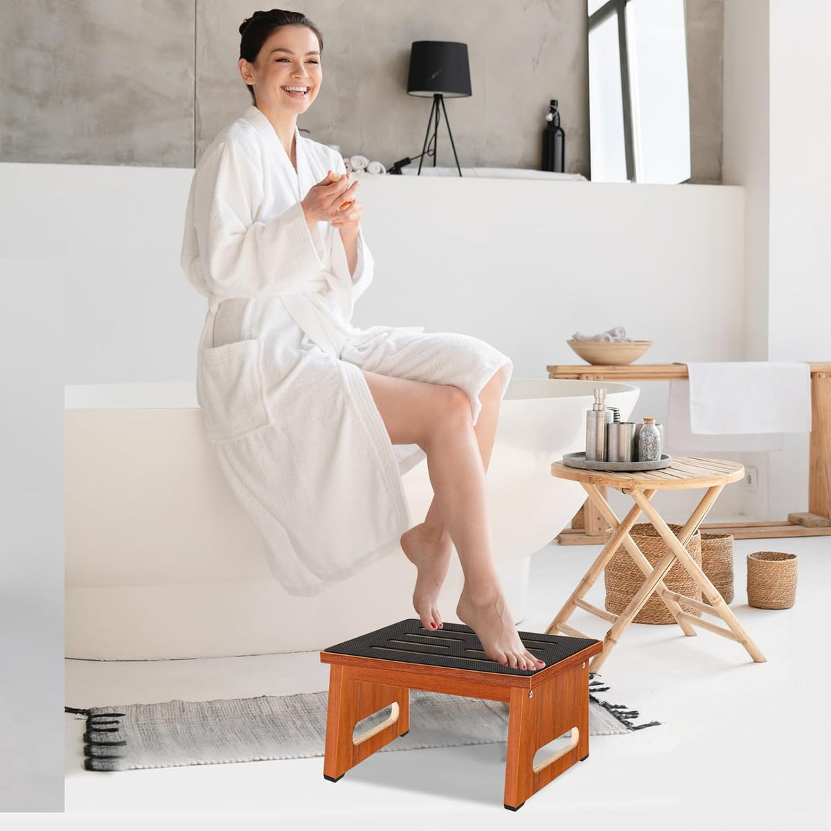 One Step Stool for Adults Seniors with Non-Slip Rubber Stepping Feet, Heavy Duty Wooden Step Stool, 8.7 in Portable Bed Steps for High Beds for Bathroom, Bedroom, Kitchen & Bedside Kids Support