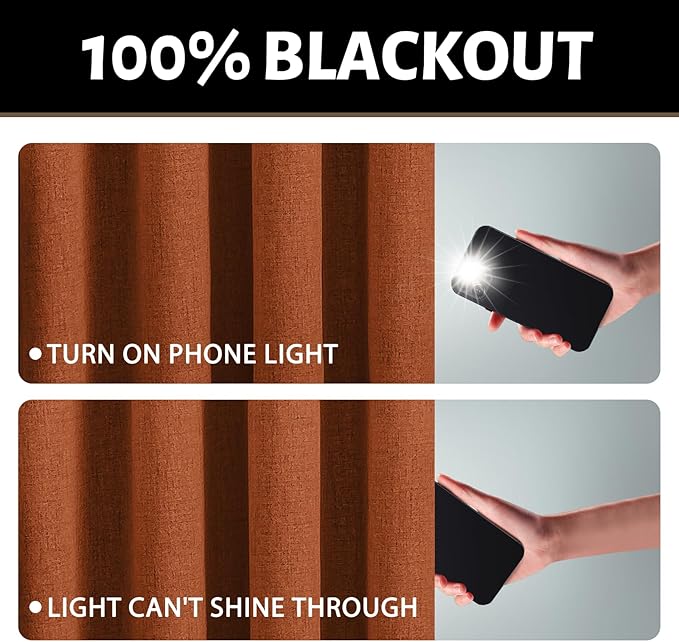 Yakamok Burnt Orange Linen Curtains 100% Blackout 90 Inches Long, Room - Image 2