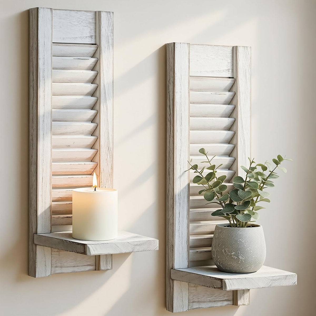 Farmhouse Wall Candle Holders Set of 2, White Wood Shutter Decor