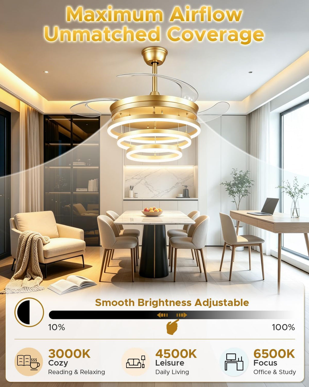 48 Inch Retractable Ceiling Fan with Lights, Gold Fandelier Chandelier Fan with Remote, 6-Speed Silent DC Motor, 3000K-6500K Dimmable LED Light, Modern Ceiling Fan for Bedroom Living Room Dining Room