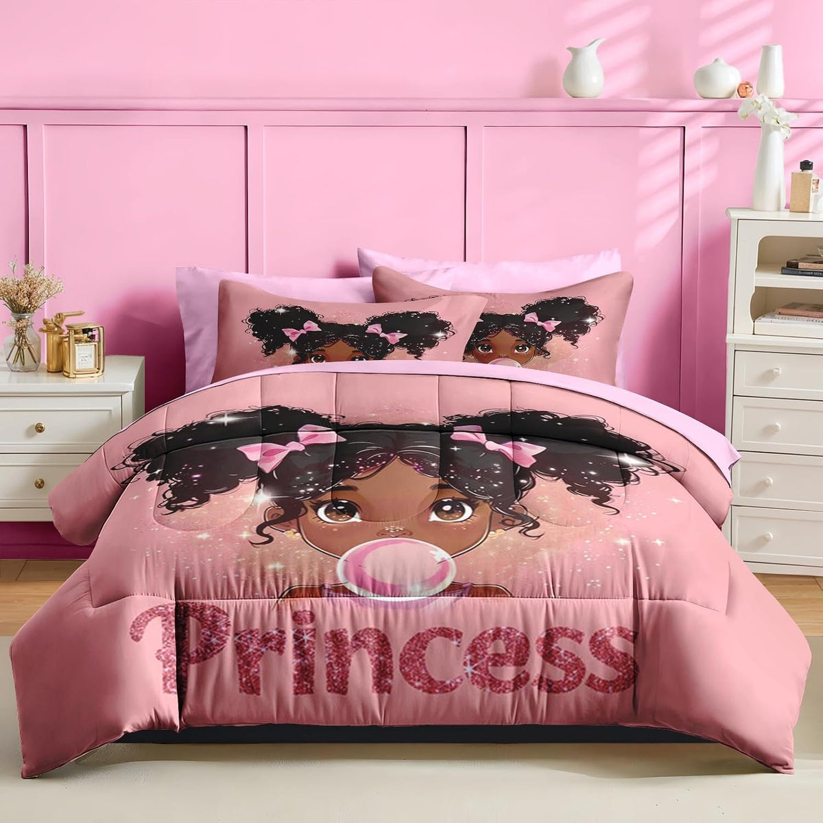 Nesker Twin Comforter Set for Girls, 5 Pieces Princess Bedding for Kids