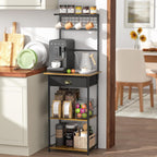 5 Tier Coffee Bar Station with Drawer, Kitchen Stand with 4 S-Shaped Hooks, Farmhouse Corner Coffee Bar Cabinet for Small Spaces, Bakers Rack for Kitchen, Living Room, 13.43" D x 18.93" W x 53.31" H