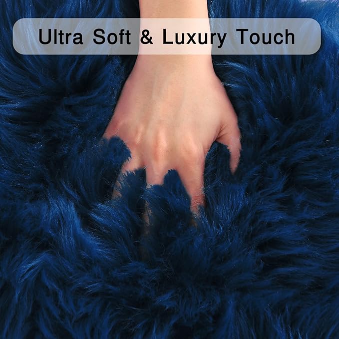 duduta Navy Blue Faux Sheepskin Round Rug 4x4 ft, Fluffy Shag Fur Bedroom - Image 4