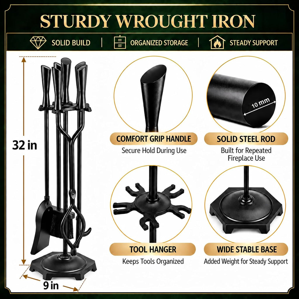 FEED GARDEN 5-Piece Fireplace Tools Set, 10mm Solid Wrought Iron, 10 lb