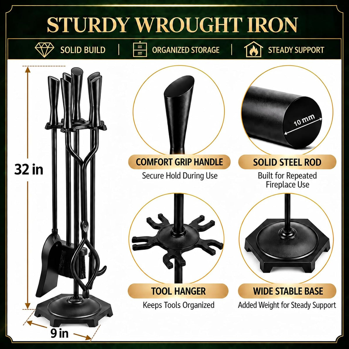 FEED GARDEN 5-Piece Fireplace Tools Set, 10mm Solid Wrought Iron, 10 lb