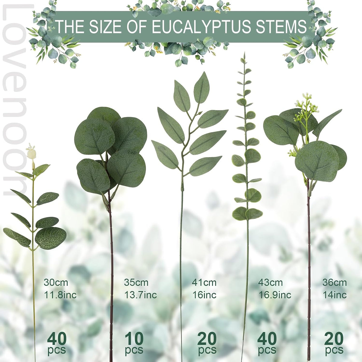 lovemoon 130 Pcs Mixed Eucalyptus Stem, Artificial Greenery Stems for Decor