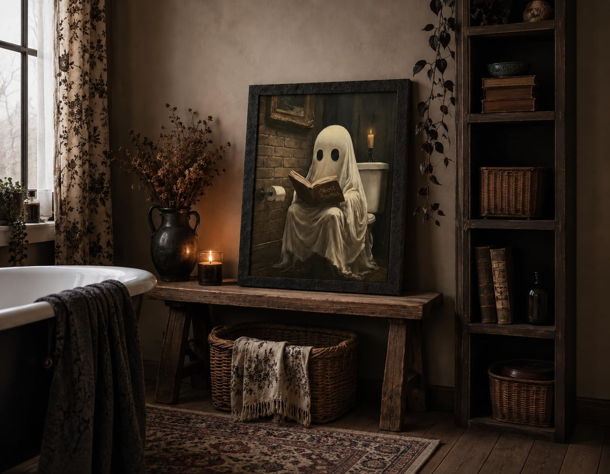 Halloween Bathroom Wall Art, Ghost Reading Picture, Funny Spooky Decor