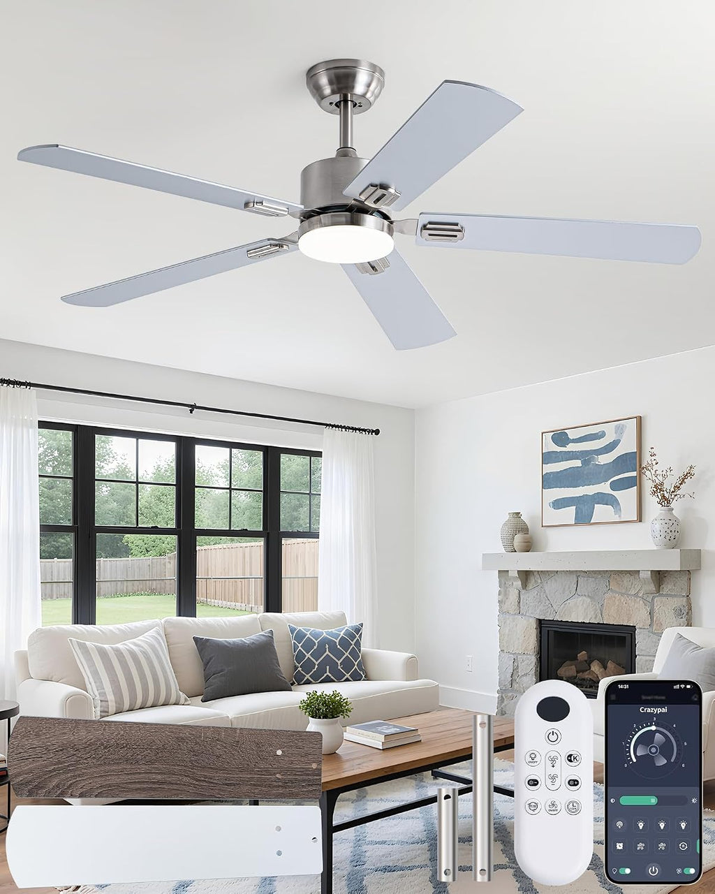 Coolwind 52 Inch Silver Low Profile Ceiling Fan with Light, 6 Speeds 3 Color Temperatures Led Outdoor Ceiling Fans for Bedroom