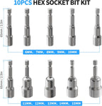 10 Pcs Power Nut Driver Drill Bit Set, 6-15mm, 6.5" Long, Magnetic