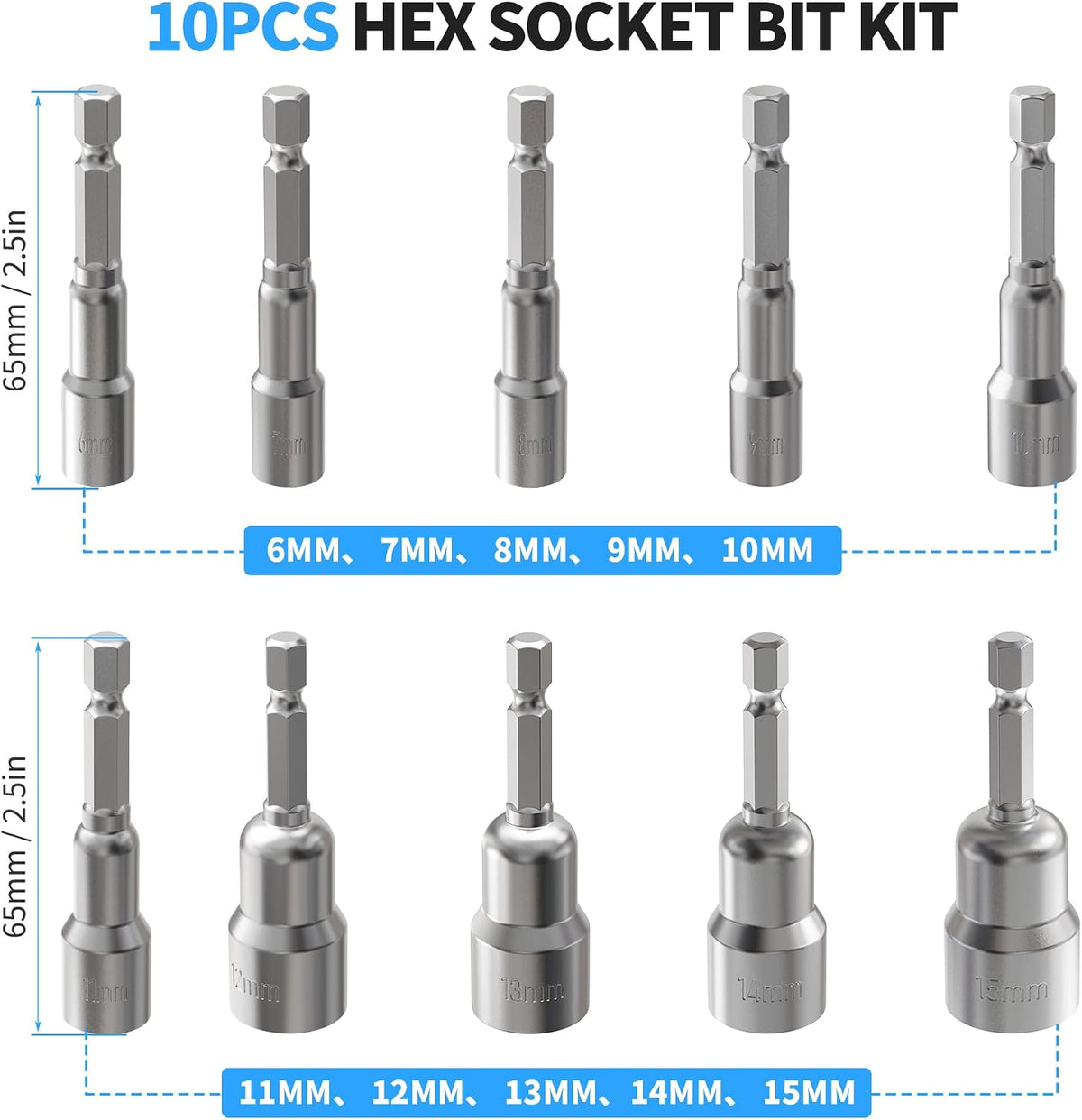 10 Pcs Power Nut Driver Drill Bit Set, 6-15mm, 6.5" Long, Magnetic