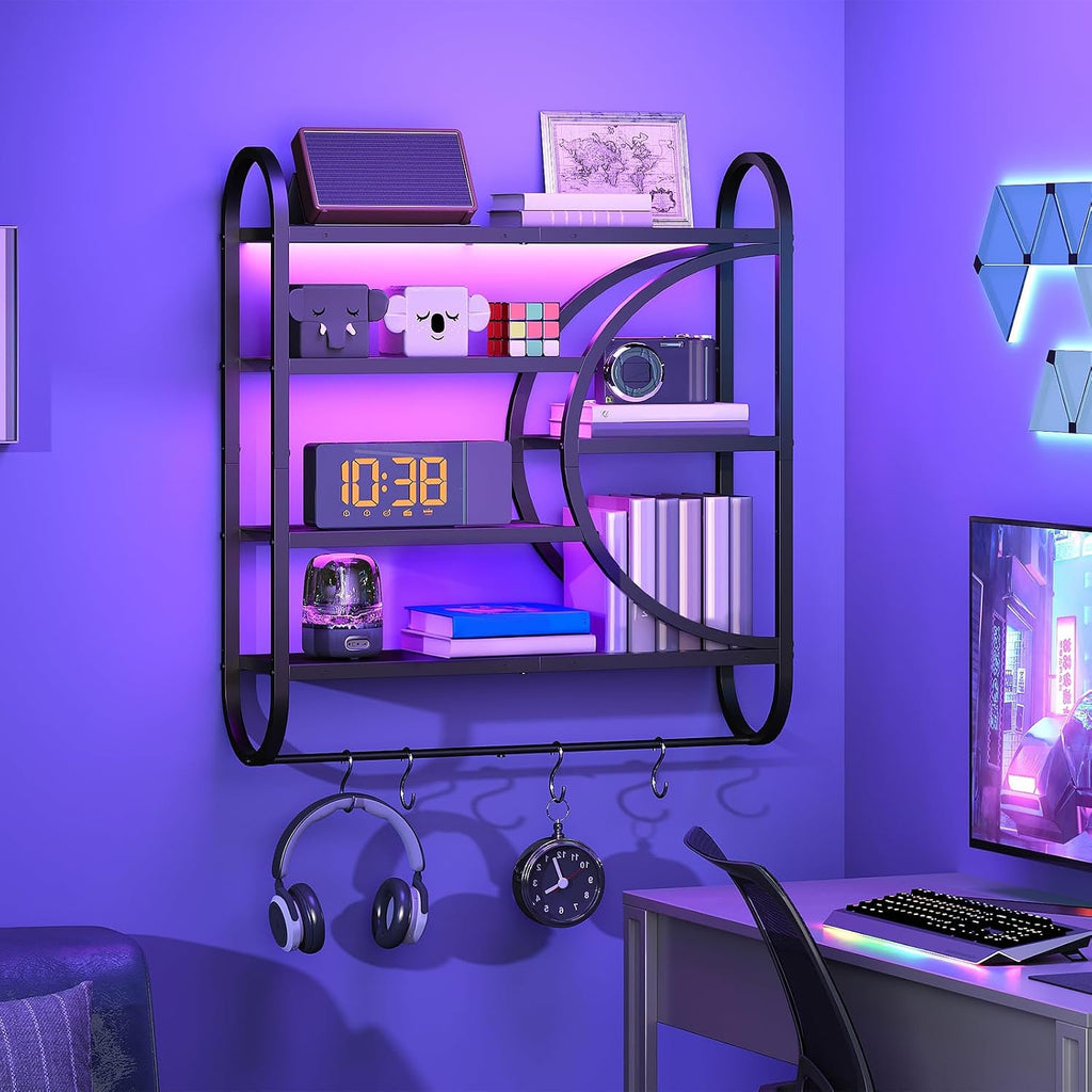 HOOBRO Gaming Floating Shelves for Wall, 28.9" LED Wall Shelf, Display Rack