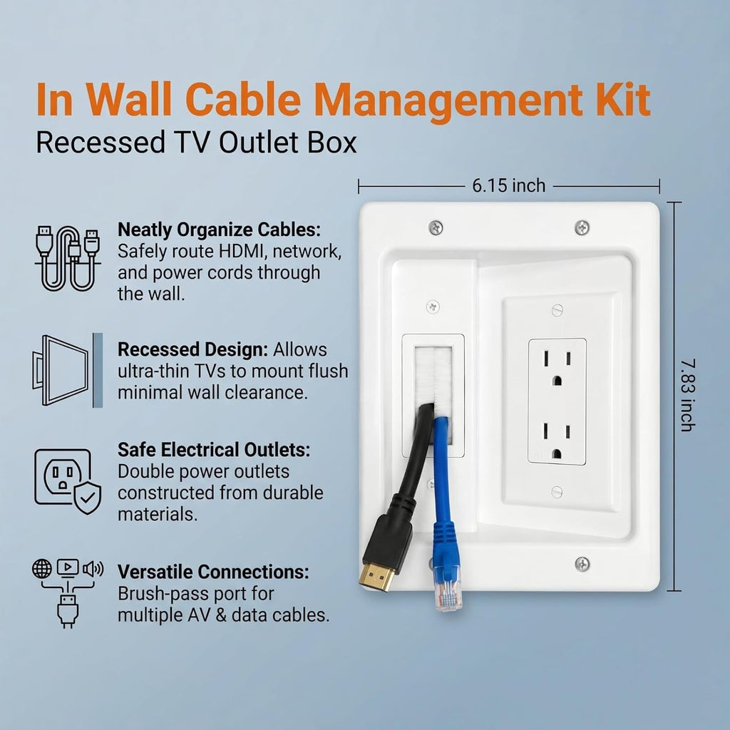 in-Wall TV Cable Management Kit with Recessed Outlet Box & Brush Wall Plate